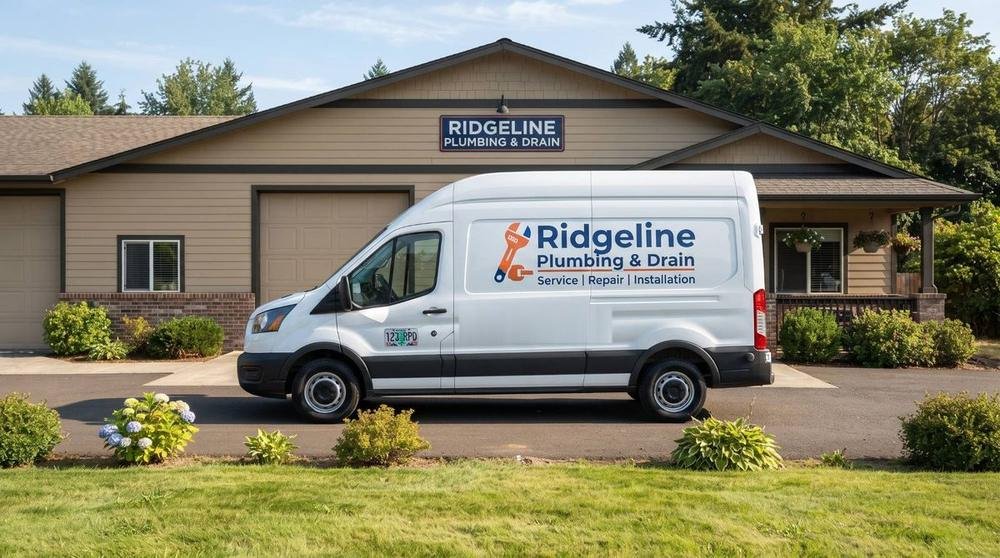Ridgeline Plumbing & Drain service van parked outside the shop
