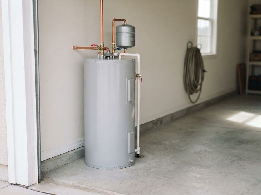 Newly installed 50-gallon water heater in a garage